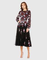 Black Sequined Floral High Neck Puff Sleeve Cocktail Dress